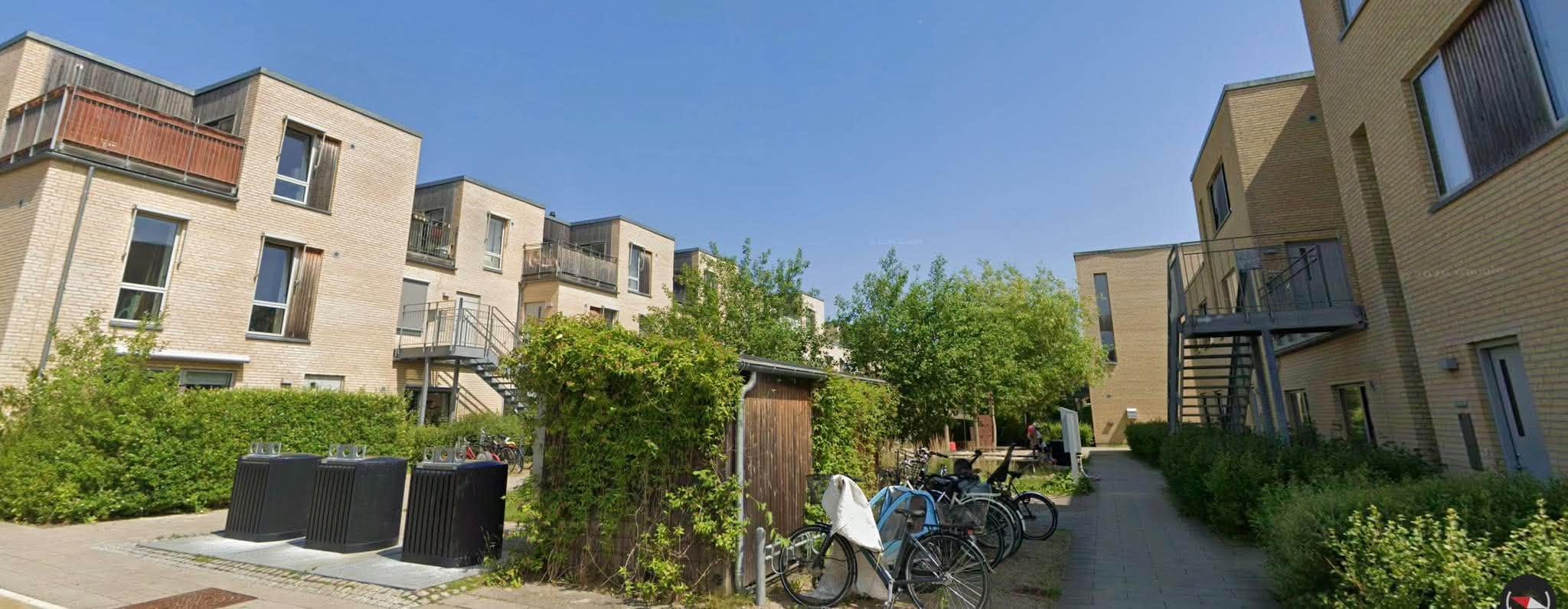 Grønne fællesarealer og cykelparkering mellem bygningerne i Teglvangen